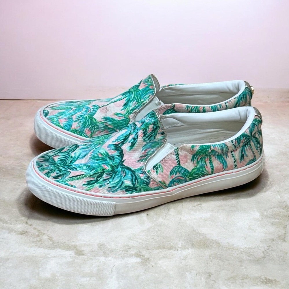 Lilly Pulitzer Julie Palm Print Slip On Sneakers Tropical Pink Green Women’s 7